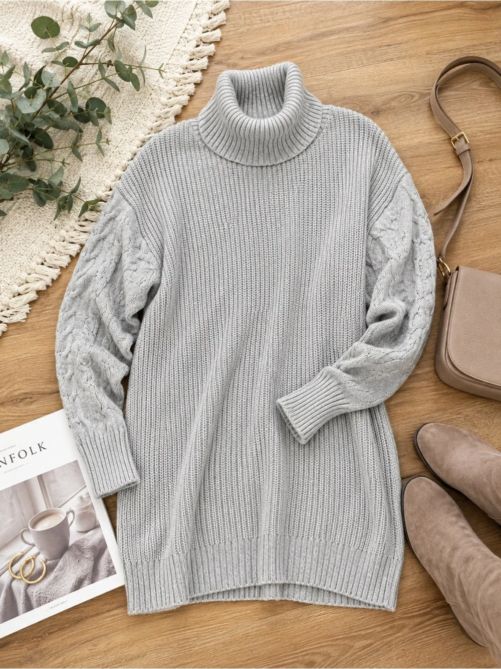 𝙎𝙩 𝙅𝙤𝙝𝙣'𝙨 𝘽𝙖𝙮 Tunic Sweater Dress Gray Cable Knit Turtleneck XL